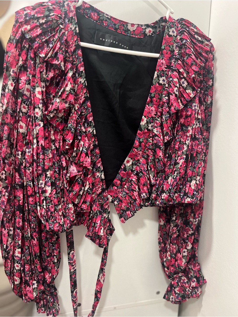 Endless Rose Black and Pink Floral Ruffle Tie-Front Top